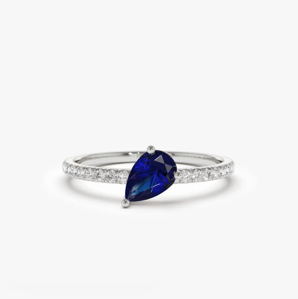 14k Slanted Pear Shape Sapphire Ring with Pave Diamonds