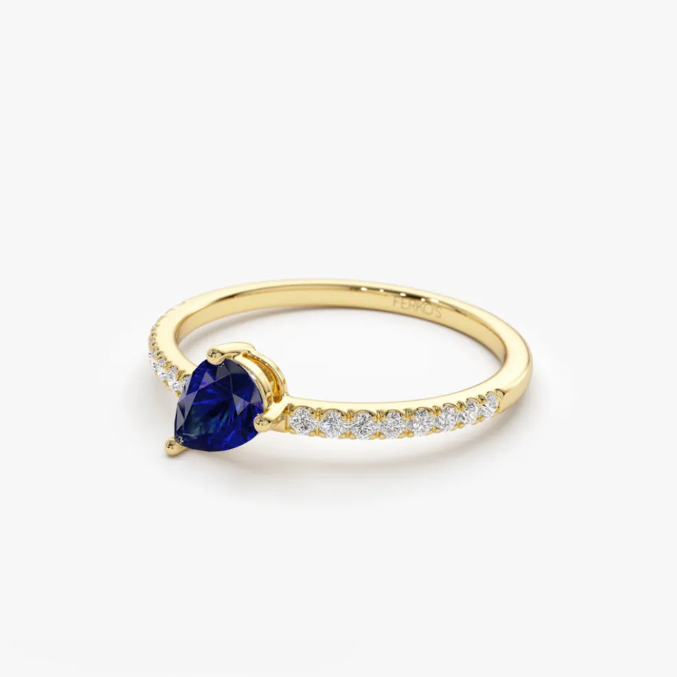 14k Slanted Pear Shape Sapphire Ring with Pave Diamonds