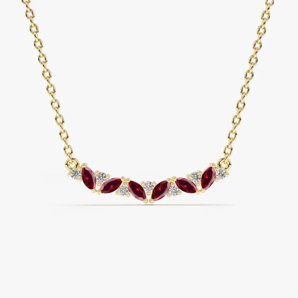 14K Slanted Ruby and Round Diamond Necklace
