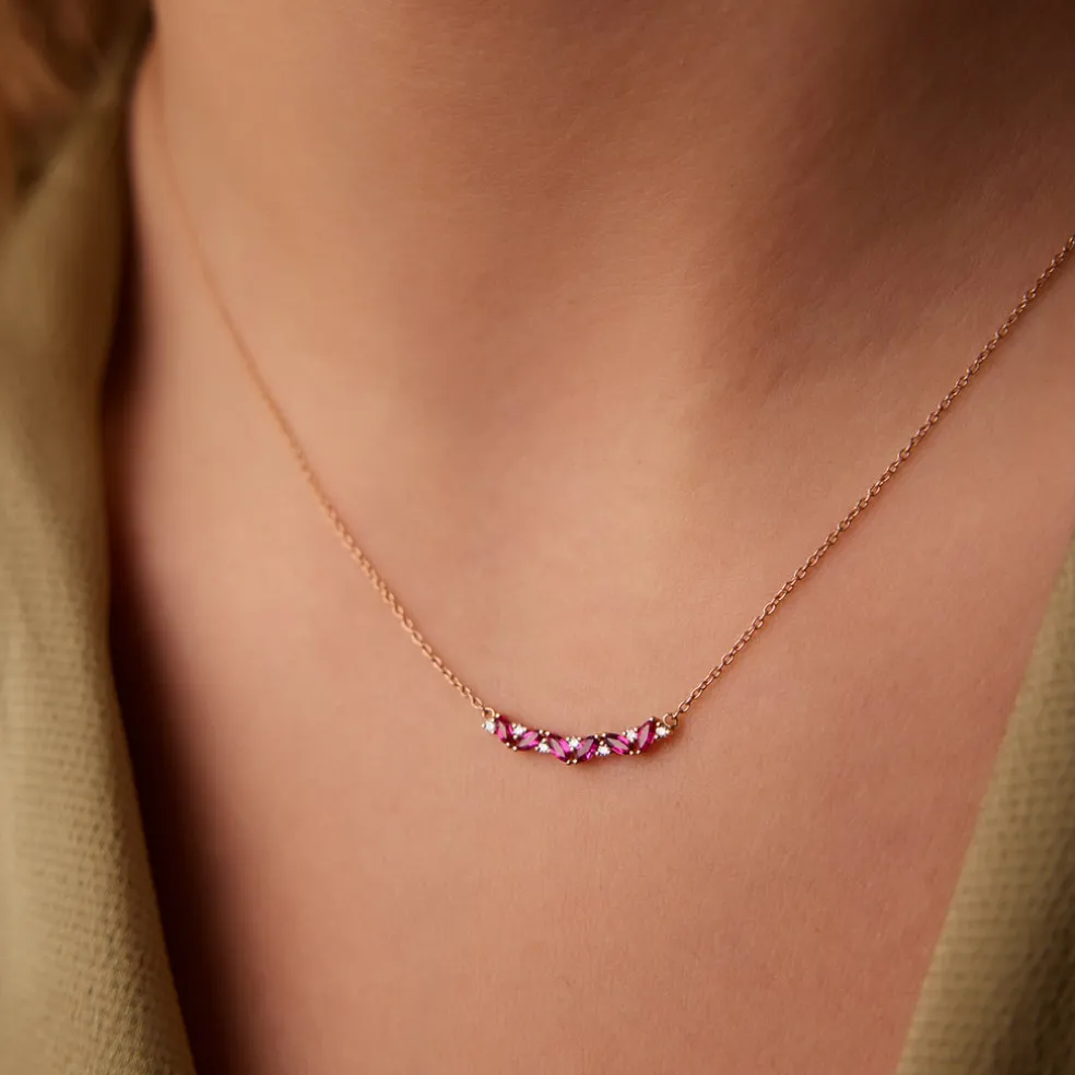 14K Slanted Ruby and Round Diamond Necklace