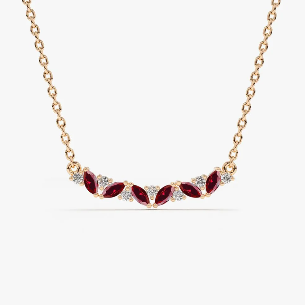 14K Slanted Ruby and Round Diamond Necklace