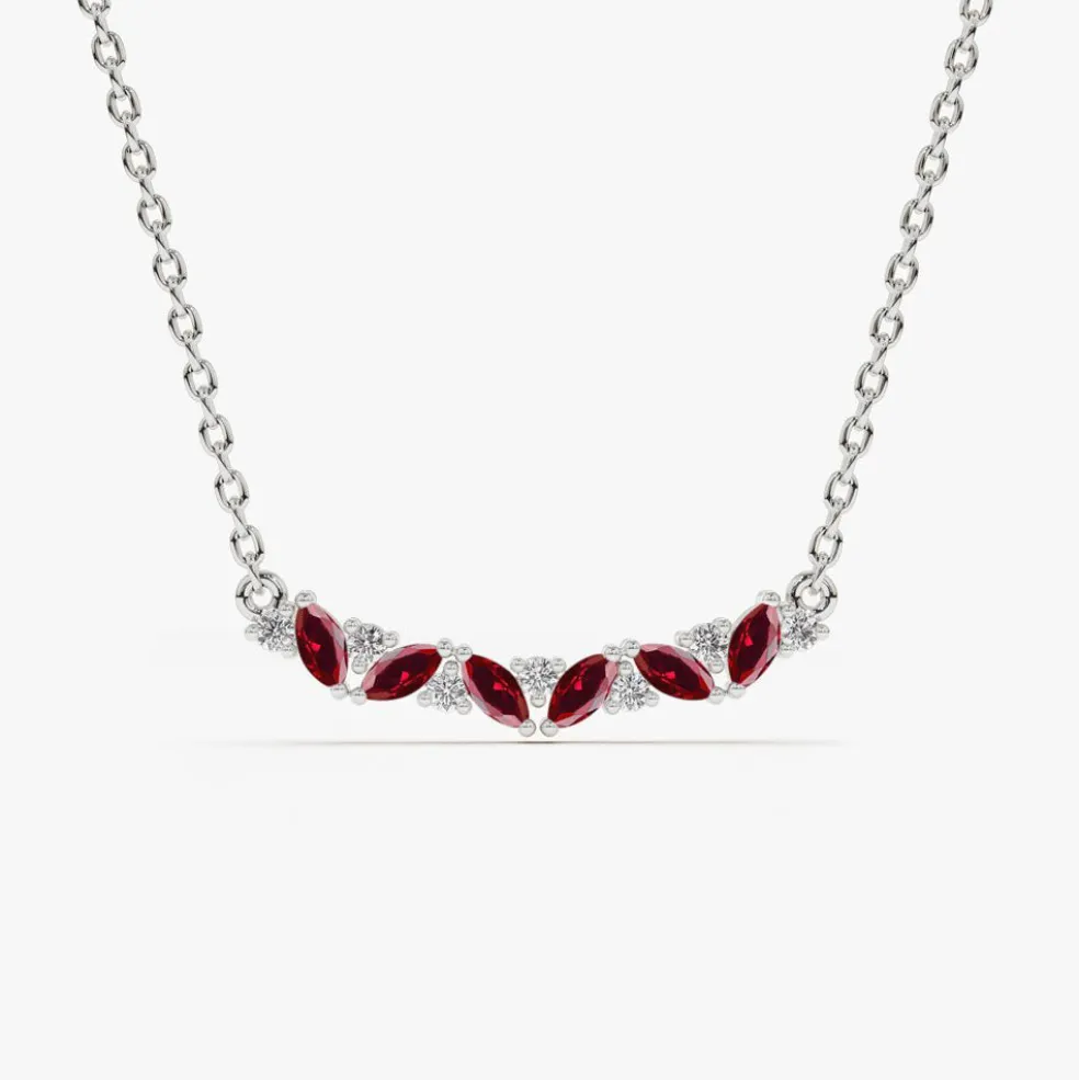 14K Slanted Ruby and Round Diamond Necklace