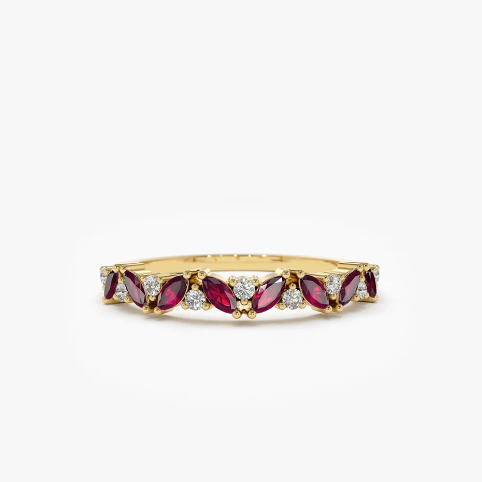 14k Slanted Ruby and Round Diamond Ring