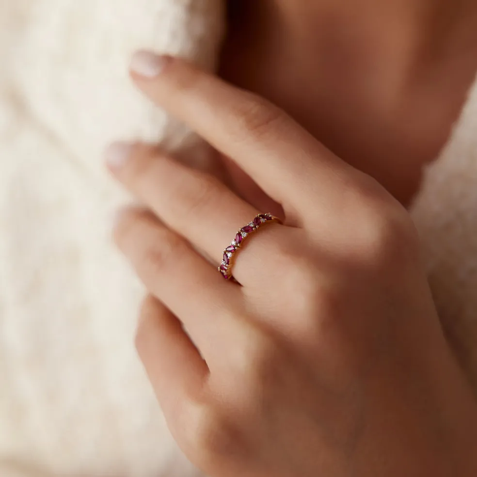 14k Slanted Ruby and Round Diamond Ring