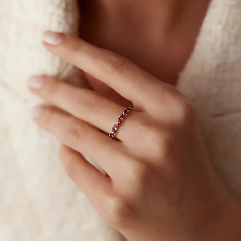 14k Slanted Ruby and Round Diamond Ring