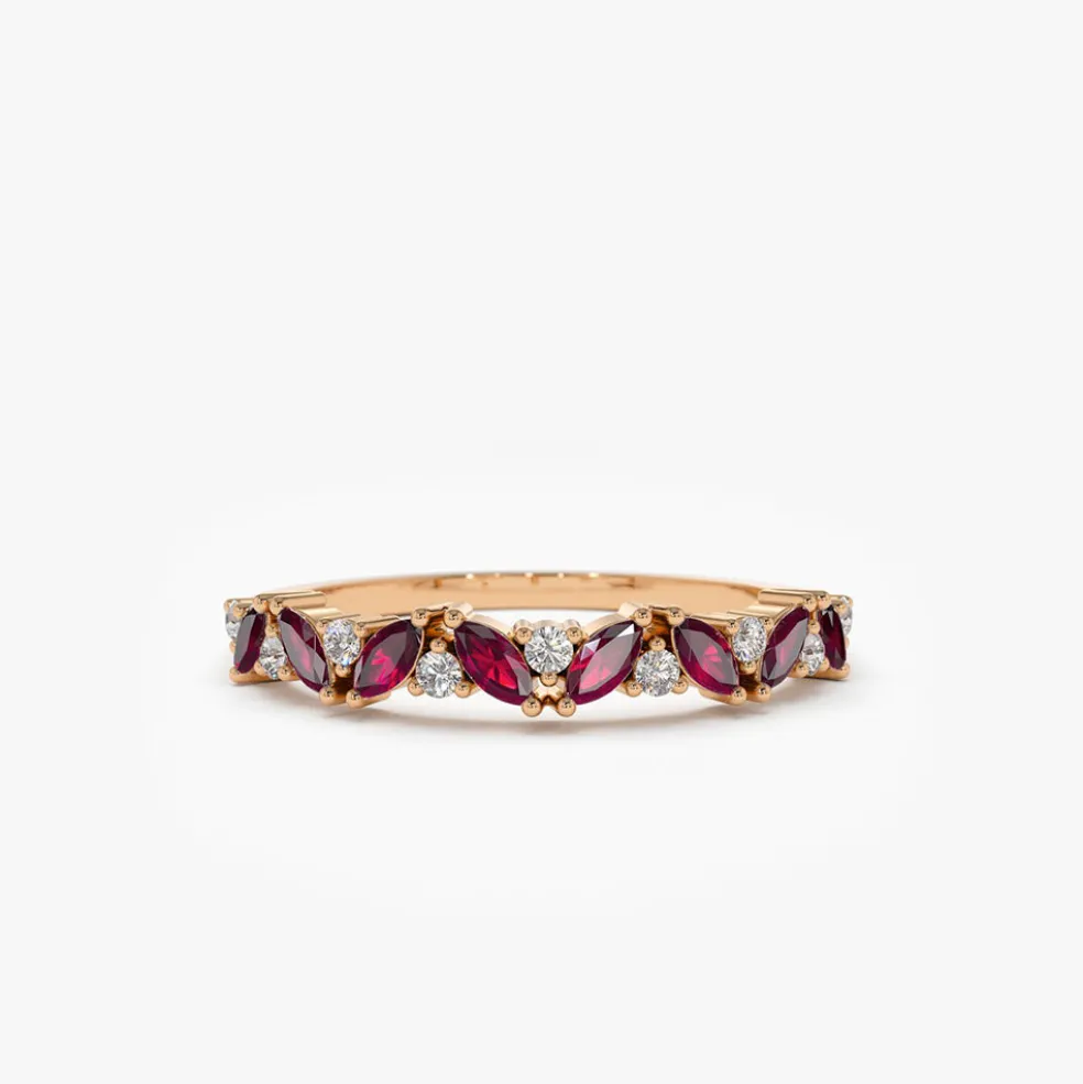 14k Slanted Ruby and Round Diamond Ring