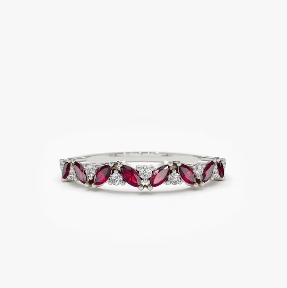 14k Slanted Ruby and Round Diamond Ring