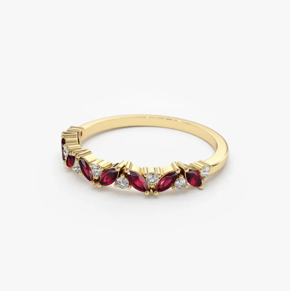14k Slanted Ruby and Round Diamond Ring