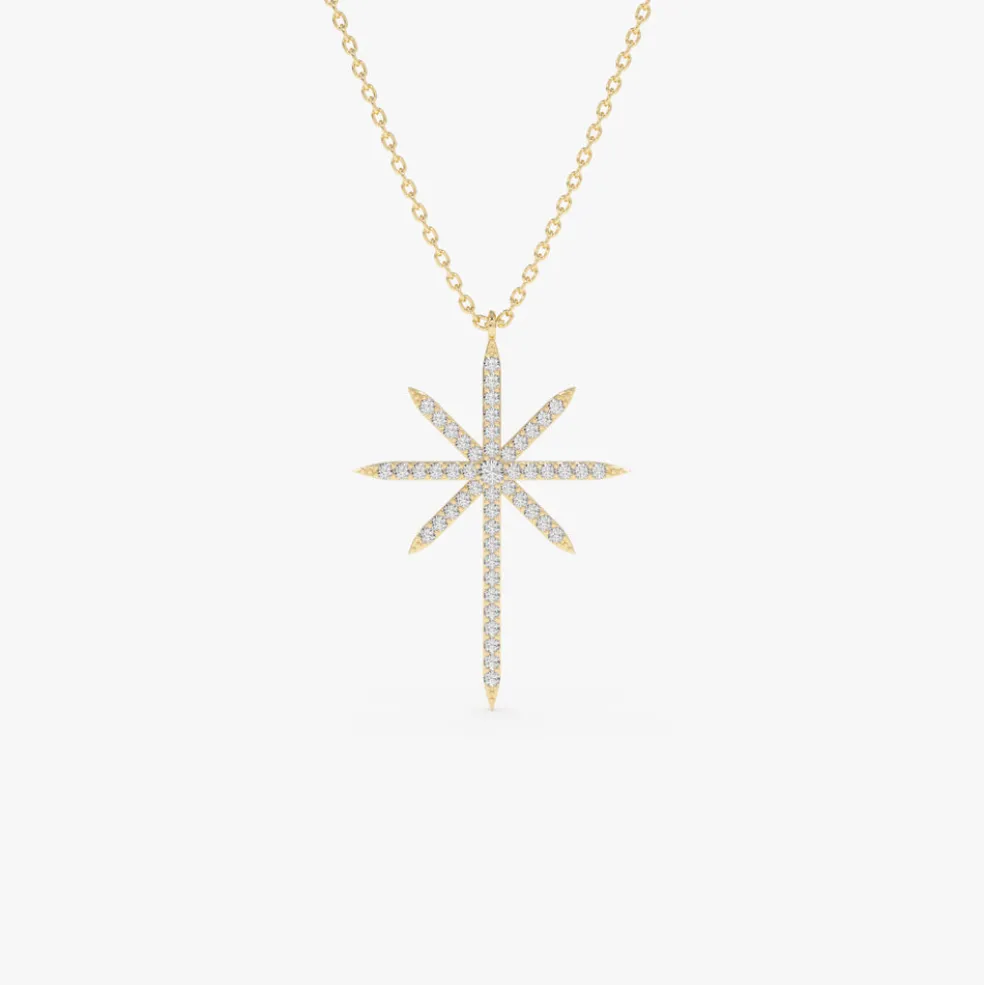 14k Solid Gold Celestial North Star Diamond Necklace