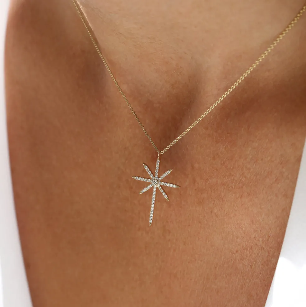 14k Solid Gold Celestial North Star Diamond Necklace
