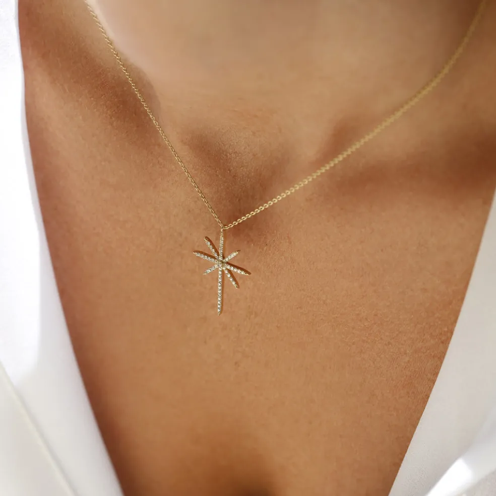 14k Solid Gold Celestial North Star Diamond Necklace