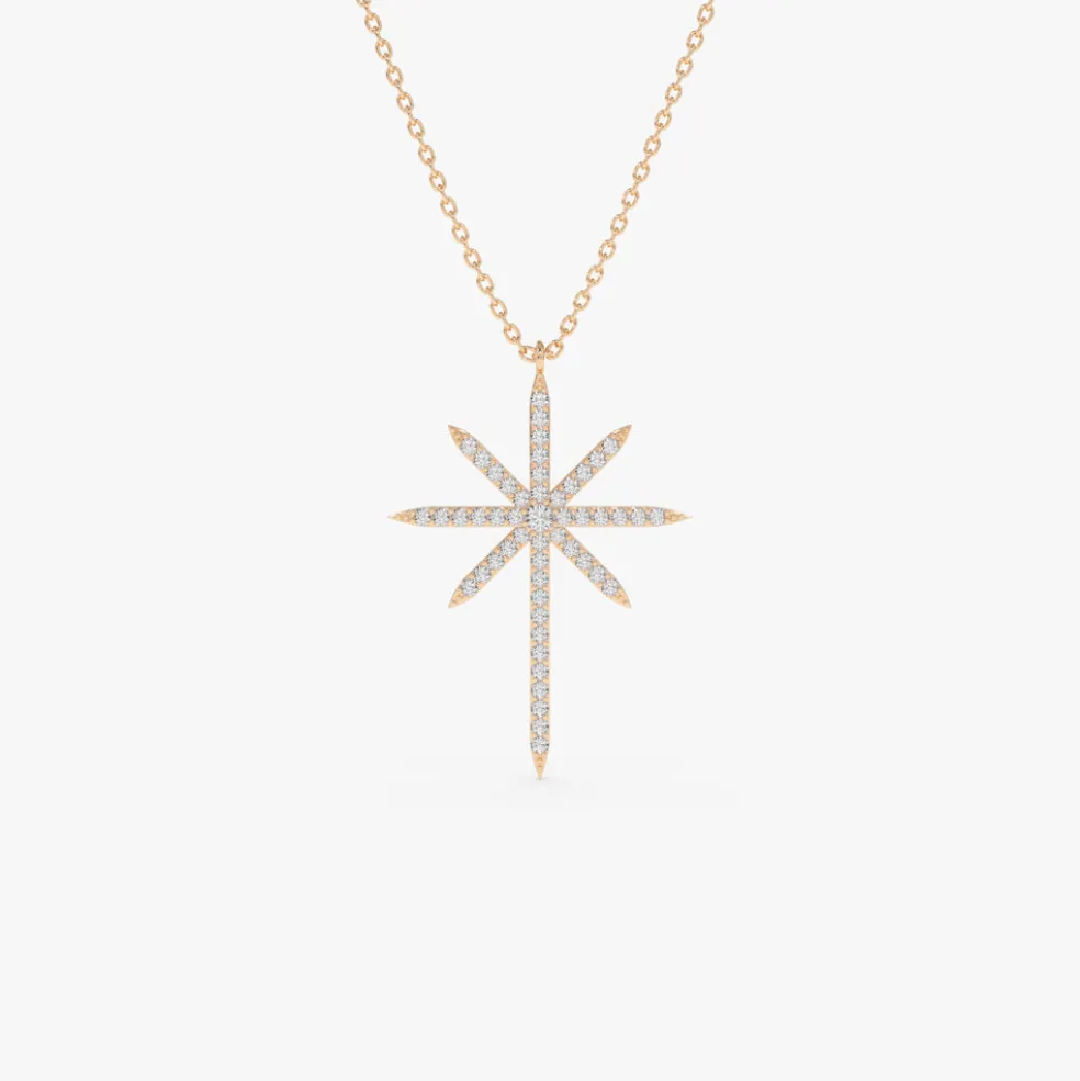 14k Solid Gold Celestial North Star Diamond Necklace