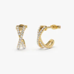 14k Solid Gold Criss Cross Pave Diamond Earrings