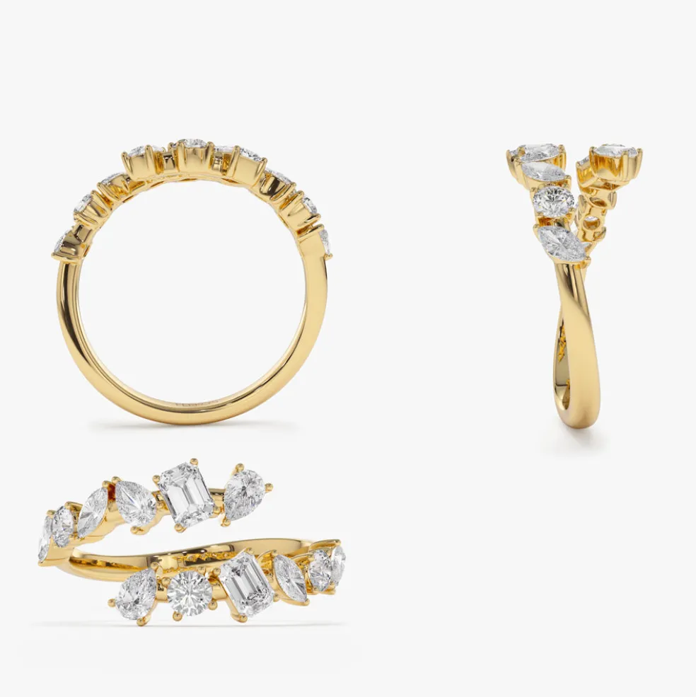 14K Solid Gold Cross Over Mix Diamond Ring