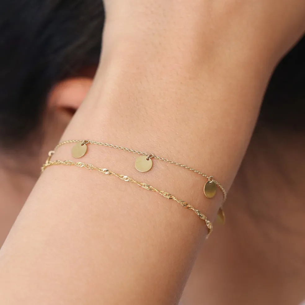 14K Solid Gold Dangle Disc Bracelet