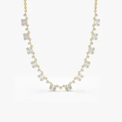 14k Solid Gold Illusion Setting Baguette Diamond Statement Necklace