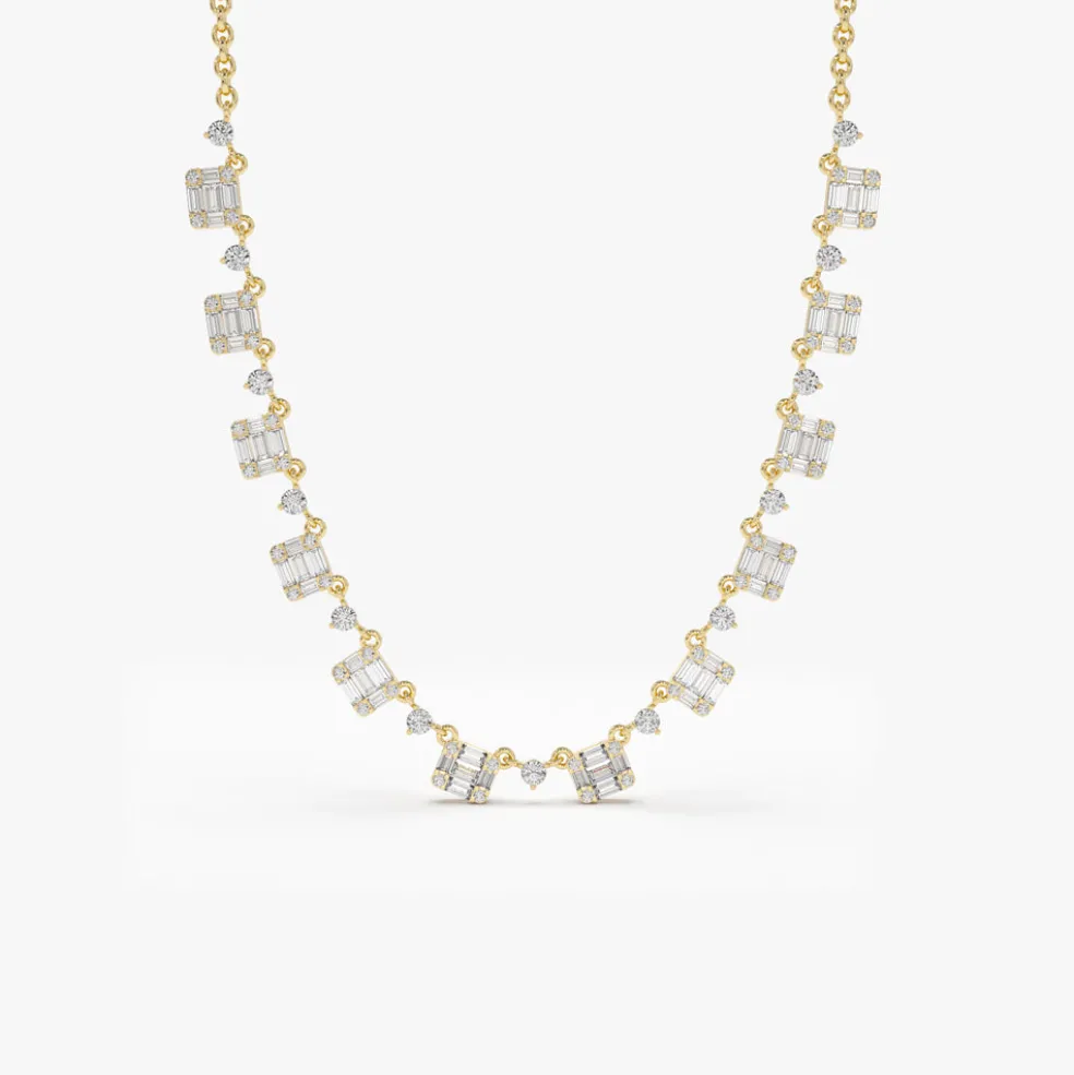 14k Solid Gold Illusion Setting Baguette Diamond Statement Necklace