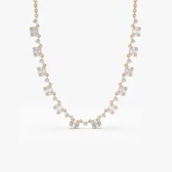 14k Solid Gold Illusion Setting Baguette Diamond Statement Necklace