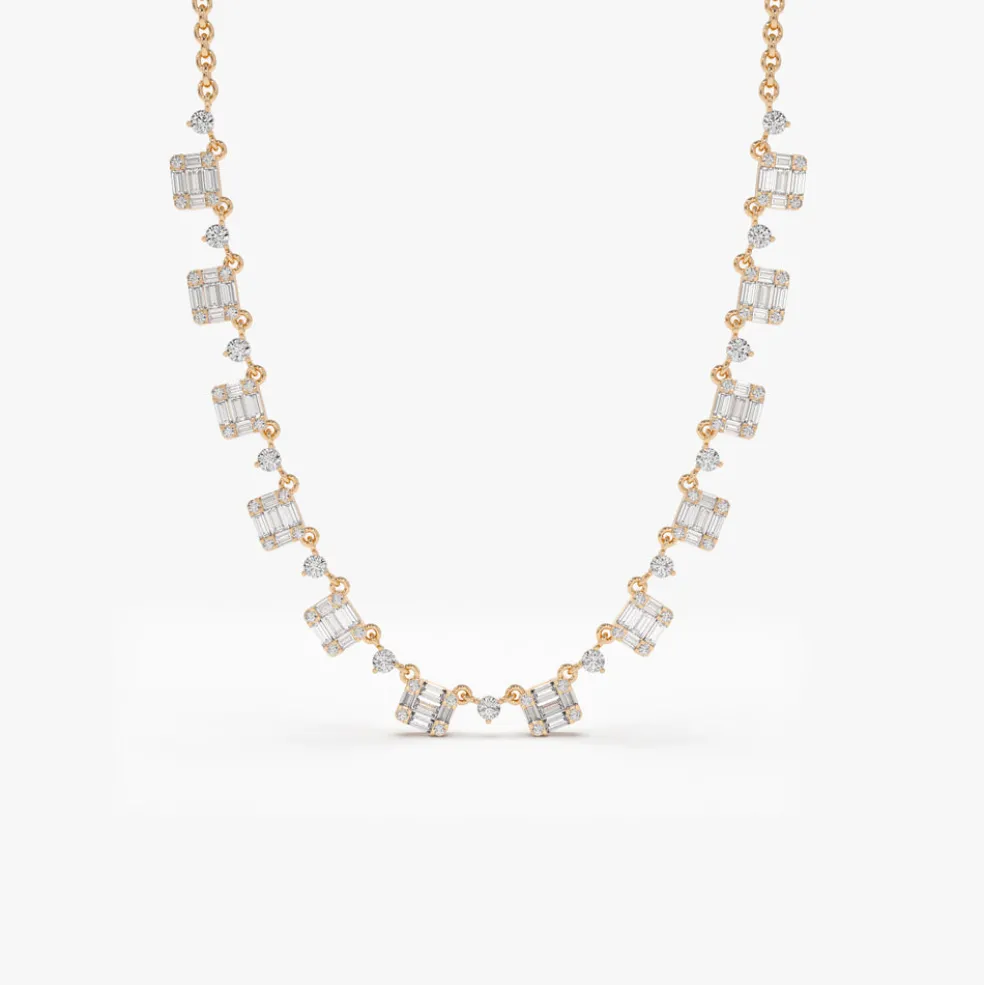 14k Solid Gold Illusion Setting Baguette Diamond Statement Necklace