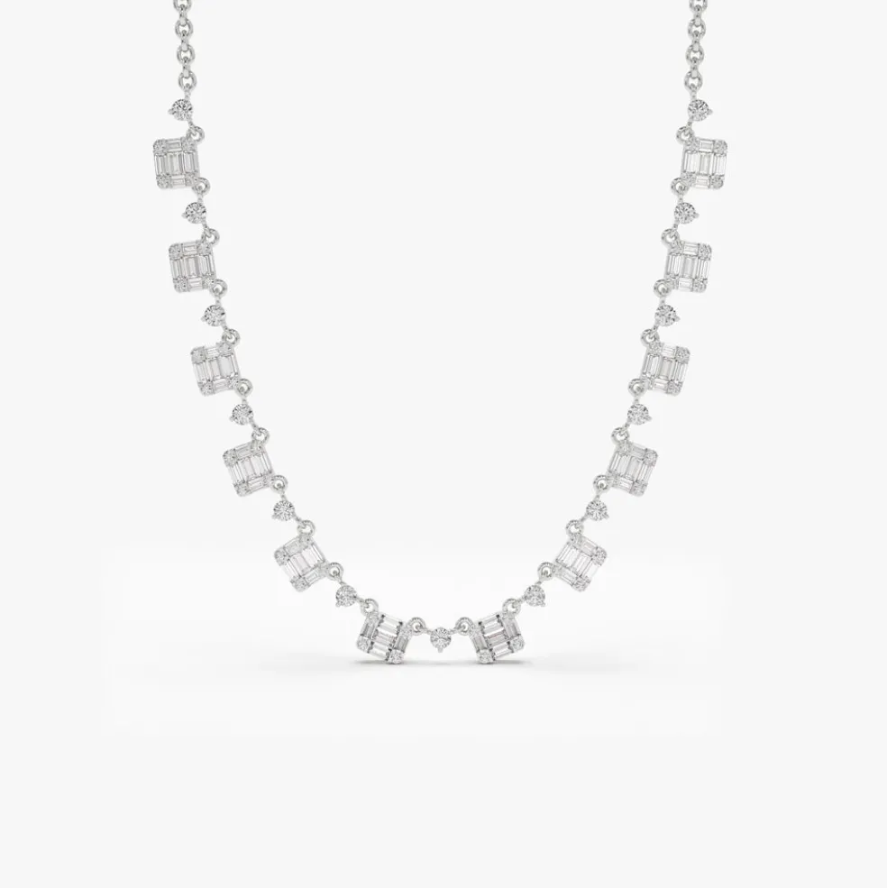 14k Solid Gold Illusion Setting Baguette Diamond Statement Necklace