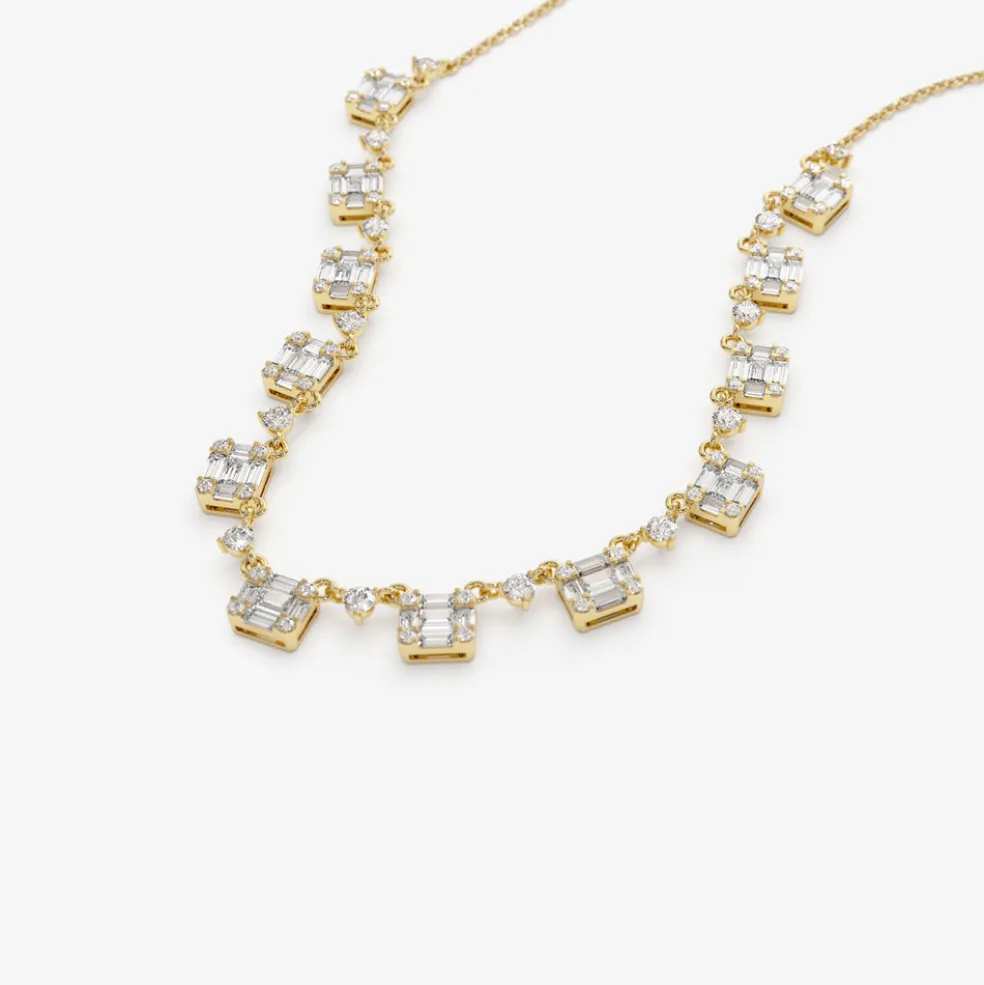 14k Solid Gold Illusion Setting Baguette Diamond Statement Necklace