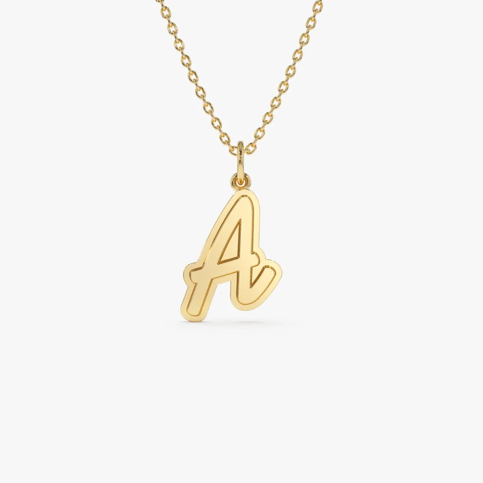 14K Solid Gold Script Font Initial Layered 3D Necklace