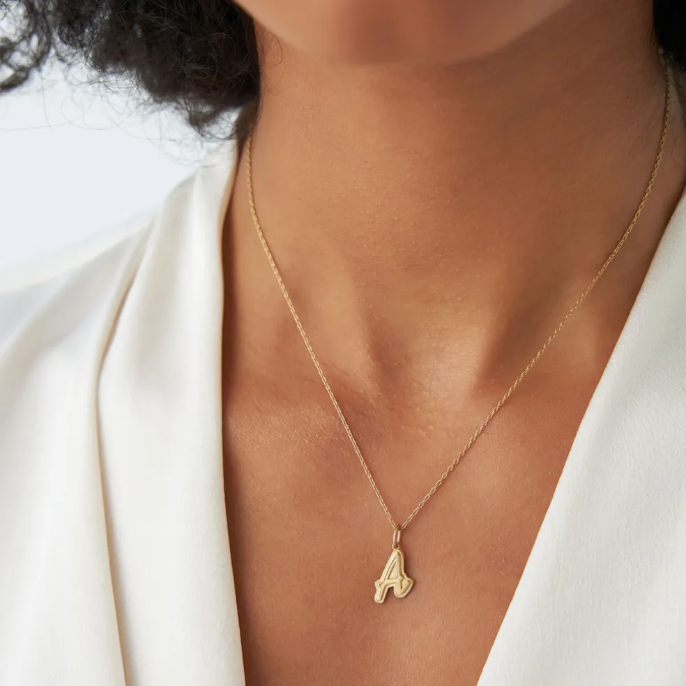 14K Solid Gold Script Font Initial Layered 3D Necklace