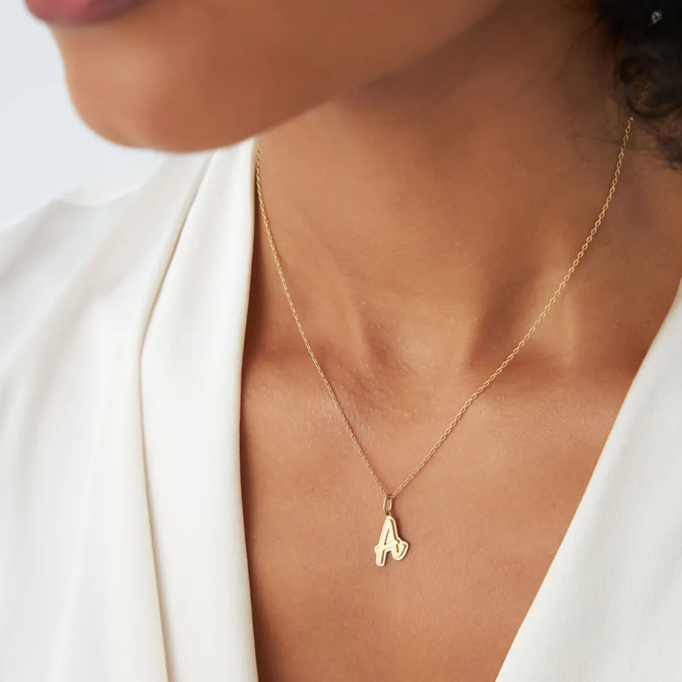 14K Solid Gold Script Font Initial Layered 3D Necklace