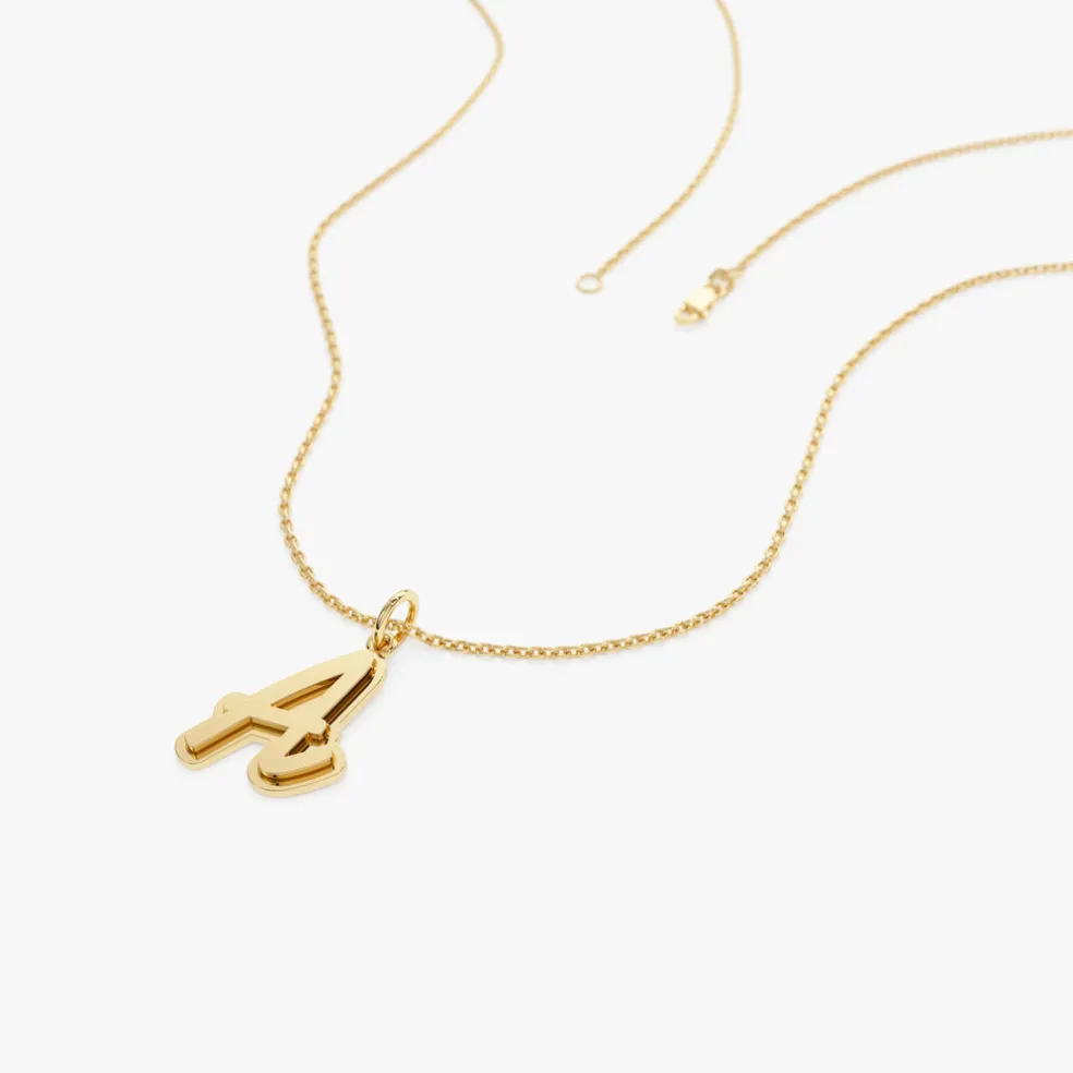 14K Solid Gold Script Font Initial Layered 3D Necklace