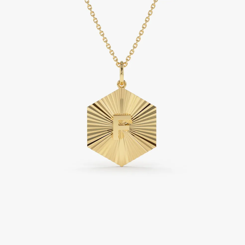 14k Sparkle Hexagon Disc Initial Necklace