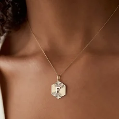 14k Sparkle Hexagon Disc Initial Necklace