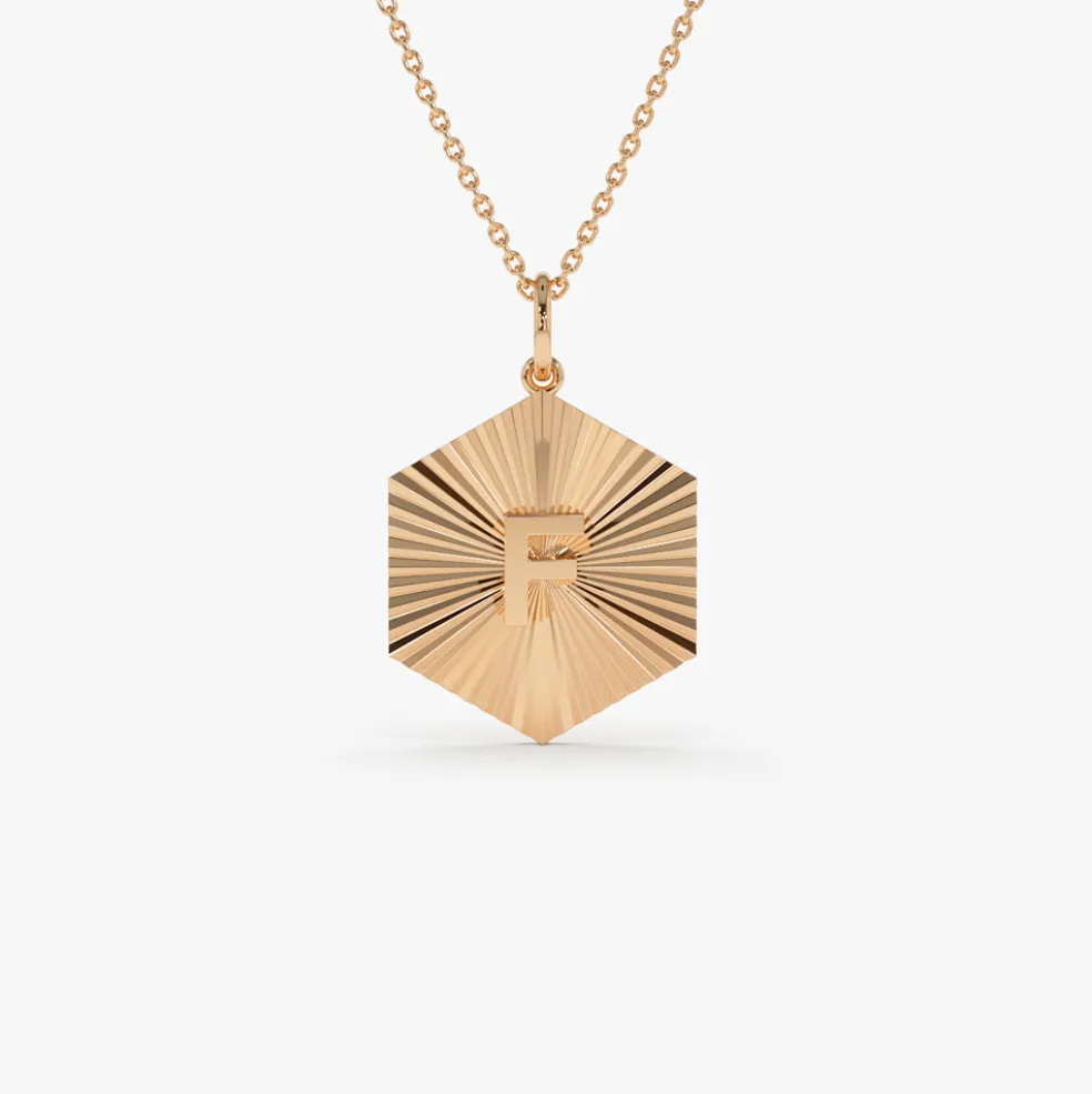 14k Sparkle Hexagon Disc Initial Necklace