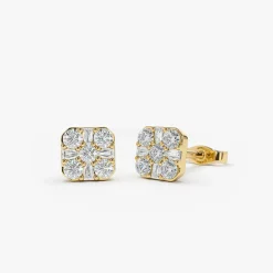 14k Square Baguette and Round Diamond Earrings
