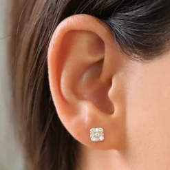 14k Square Baguette and Round Diamond Earrings
