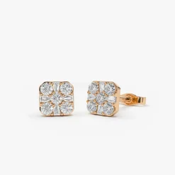 14k Square Baguette and Round Diamond Earrings