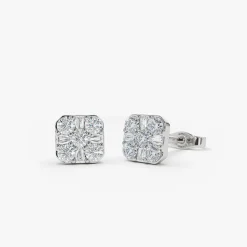 14k Square Baguette and Round Diamond Earrings