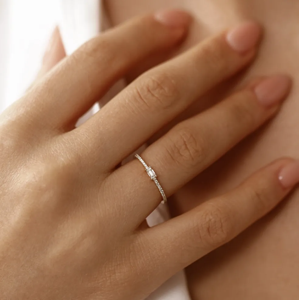 14k Stackable Baguette Diamond Ring with Pave Diamonds