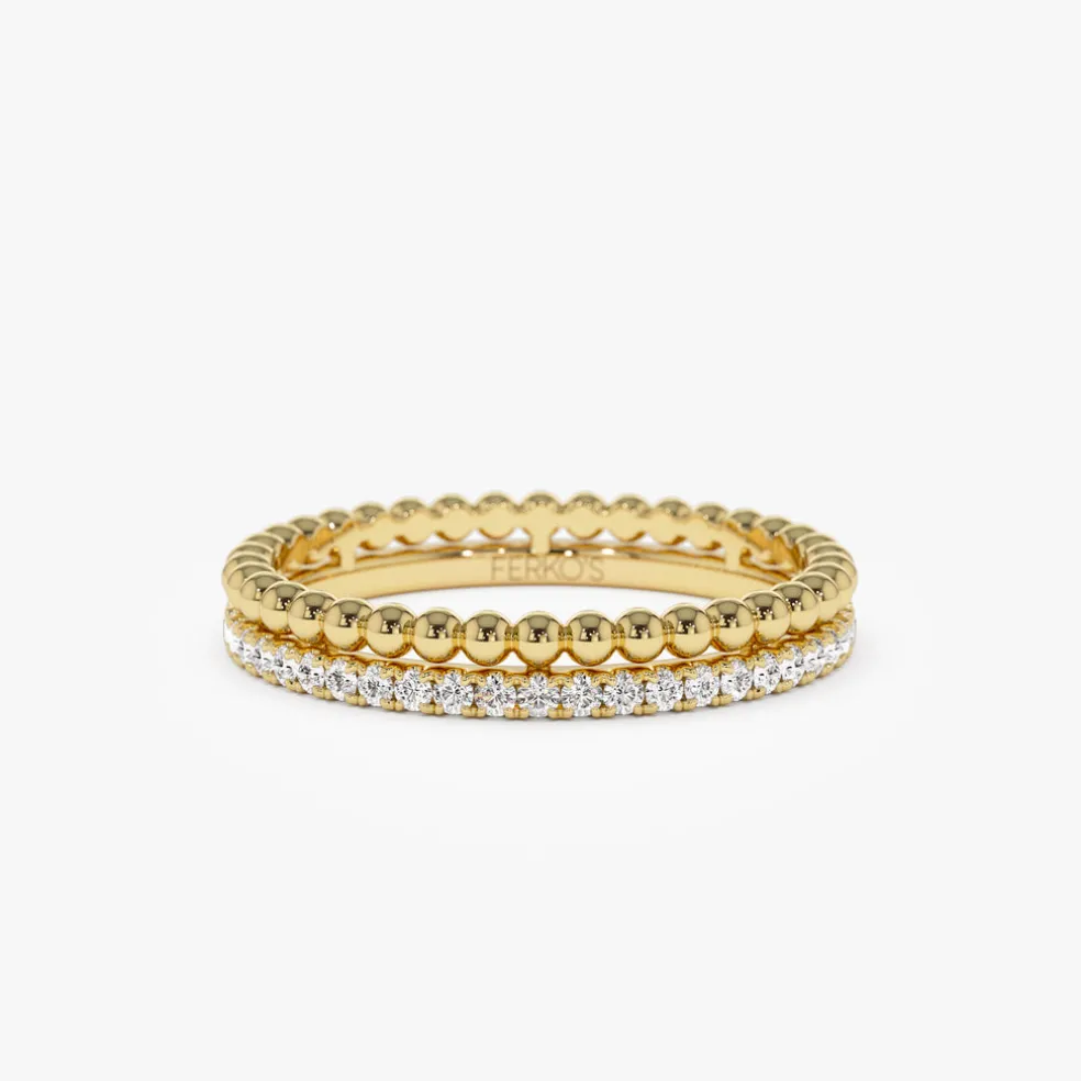 14K Stacked Beaded Ring with Diamond Ring