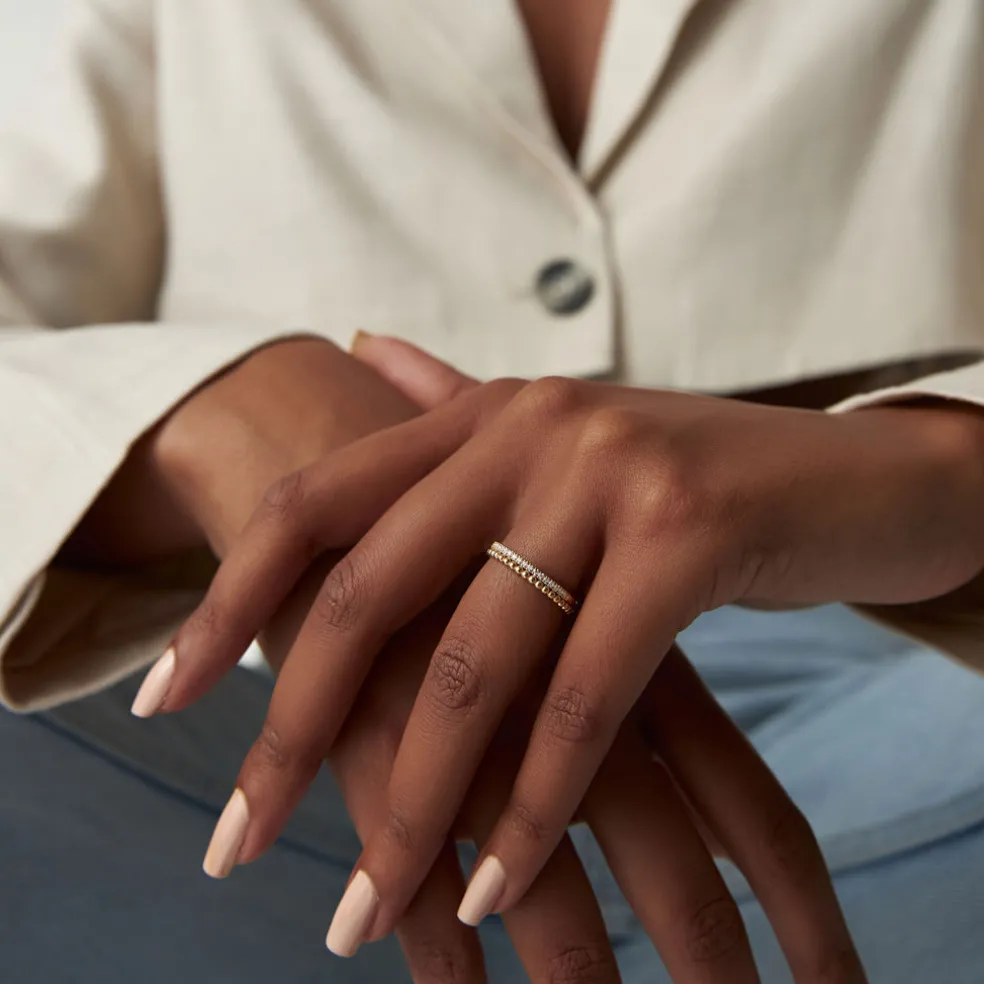 14K Stacked Beaded Ring with Diamond Ring