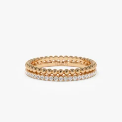 14K Stacked Beaded Ring with Diamond Ring