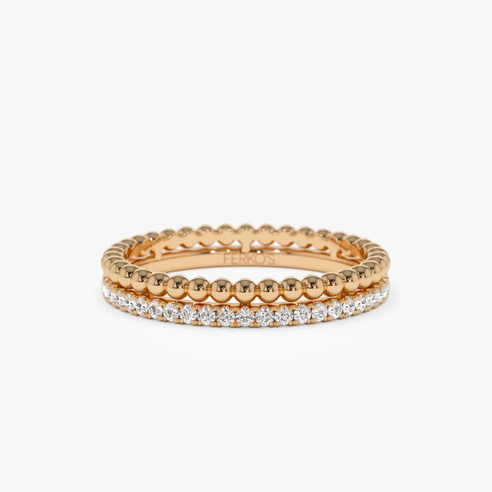 14K Stacked Beaded Ring with Diamond Ring