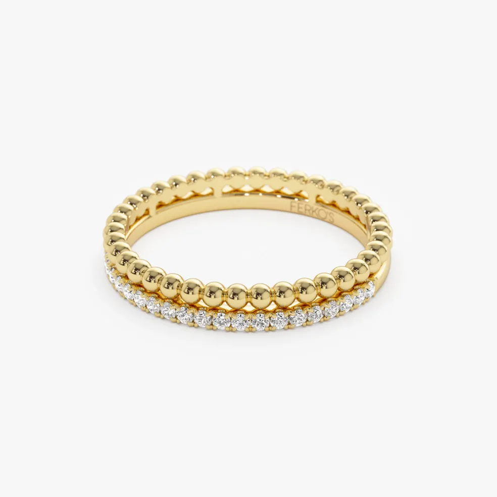 14K Stacked Beaded Ring with Diamond Ring