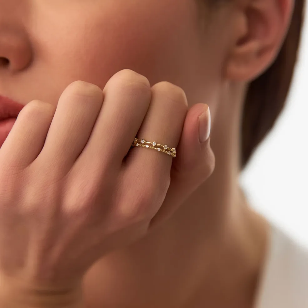 14k Stacked Double Band Diamond Ring