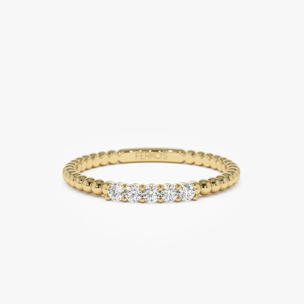14K Stacking Dainty Beaded Diamond Band