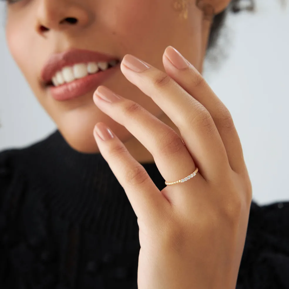 14K Stacking Dainty Beaded Diamond Band