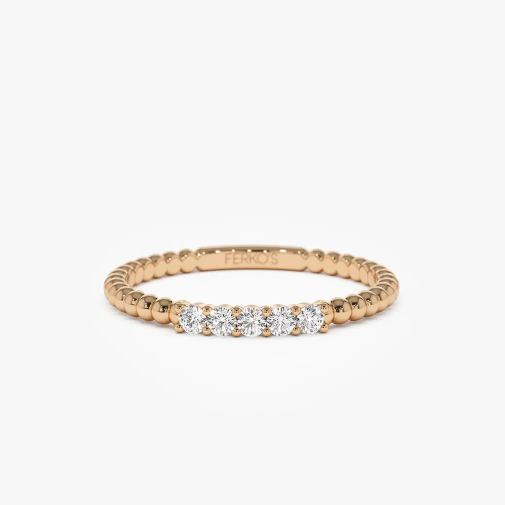 14K Stacking Dainty Beaded Diamond Band