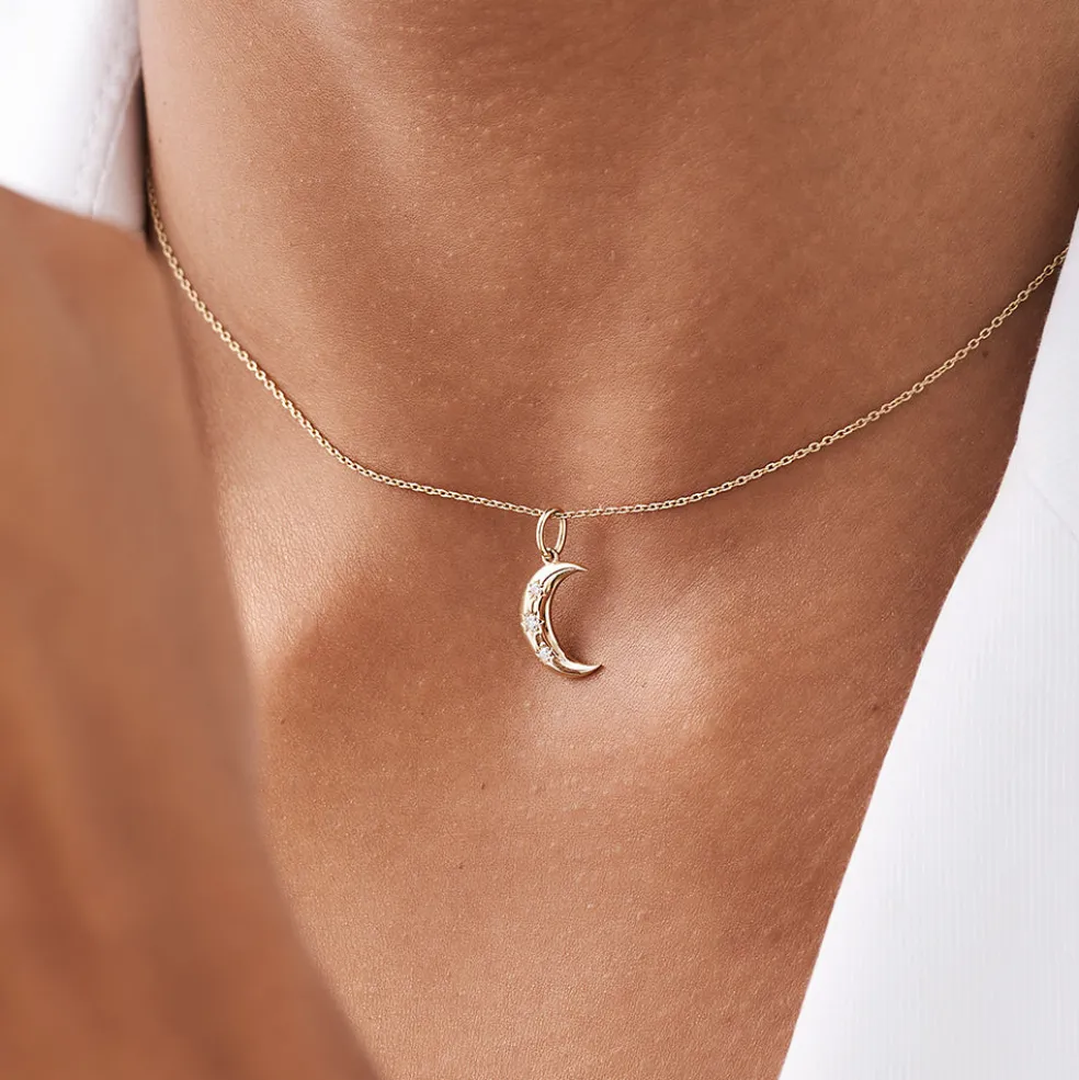 14k Star Setting Crescent Diamond Necklace