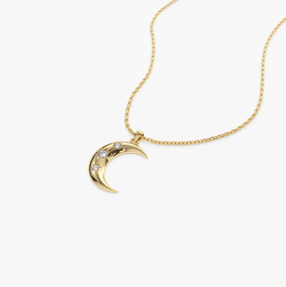14k Star Setting Crescent Diamond Necklace