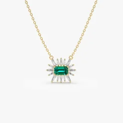 14k Tapered Baguette Diamond & Emerald Necklace