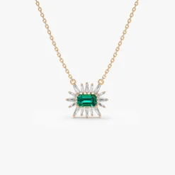 14k Tapered Baguette Diamond & Emerald Necklace